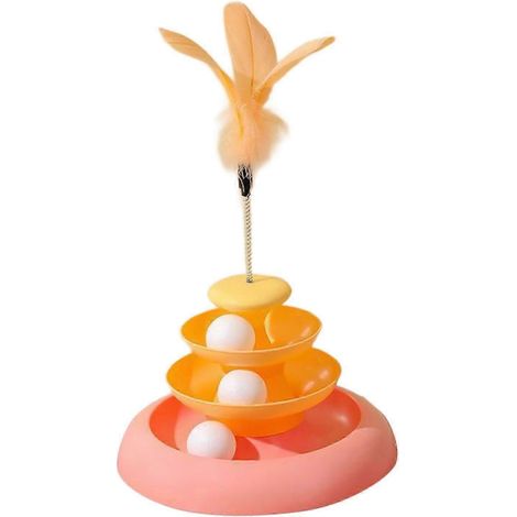 Jouet pour chat à roulettes avec balle et plateau tournant à 3 niveaux, idéal pour les chats d'intérieur. Amusant et ludique, ce jouet comprend également une balle et des plumes.-Pink (1/5)