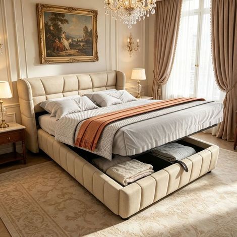Lit Rangement 140 x 200 cm Lit Double dossier rangement pneumatique lin beige adultes et adolescents (1/5)