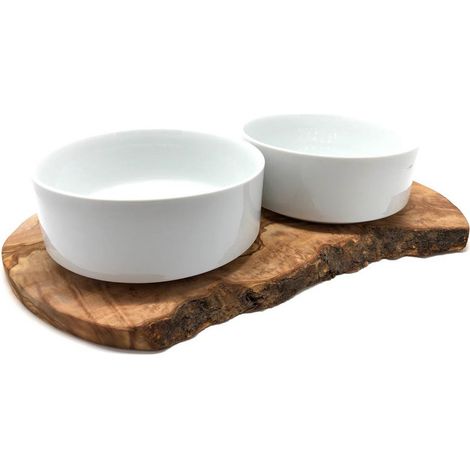 Double gamelle pour grand chien avec socle en bois d'olivier et 2 bols en porcelaine 2 x 1,5 L - PANGIVO (1/5)