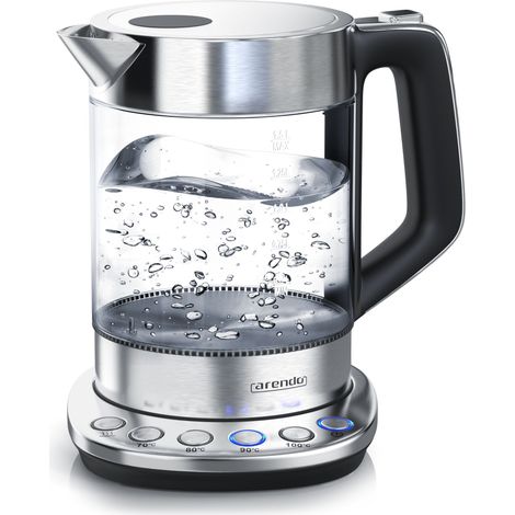 Arendo Wasserkocher 1,5 l, 2200 W, Edelstahl & Glas mit Basisstation, Temperatureinstellung 70° C - 100° C (1/5)