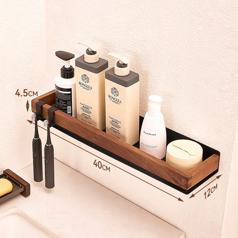 (NOIR 40CM) Étagère de cuisine en bois noir, montage par vis, organisateur de maquillage, étagère d'angle en métal, étagère de rangement, étagère murale de douche, salle de bain (1/5)