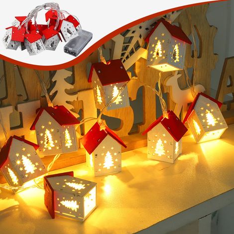 Guirlande Lumineuse En Bois - Maisonnette De Noël Avec Motif Arbre De Noël Creusé - 2 M - 10 Maisons - LED Blanc Chaud - Fonctionne Sur Piles (1/5)