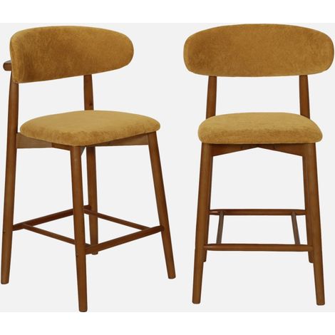 Set di 2 Sgabelli da bar in legno di hevea noce e tessuto chenille (1/5)