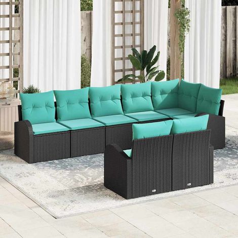 Salon de jardin modulable 8 pièces en polyrotin noir et turquoise avec coussins - PANGIVO (1/5)