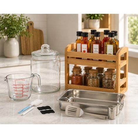 Set de cuisine en bambou (4 pièces) – Étagère à épices à deux niveaux, plaque de four, pichet en verre de 250 ml et bocal hermétique (1/5)