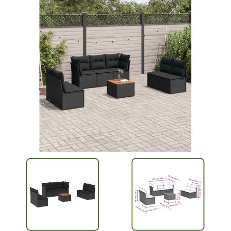The Living Store Salon de jardin 8 pcs avec coussins noir résine tressée - Salon De Jardin - Meuble De Jardin - Mobilier Extérieur - Set Salon De Jardin - Résine Tressée (1/3)