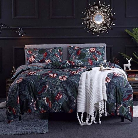 Housse de Couette 200x200 Bleu Nuit - Parure de Lit Motif Fleurie Rose avec Fermeture Éclair - Linge de Lit Réversible 2 Personnes Adulte avec 2 Taies d'oreiller 50x75 cm (1/4)