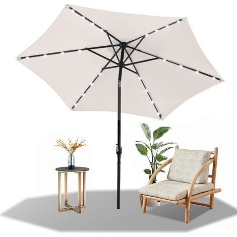 Randaco 2.7m Sonnenschirm UV50+ Neigbar Sonnenschutz Gartenschirm Strandschirm LED Solar, knickbar, Schirmtuch mit PA-Beschichtung, Beige