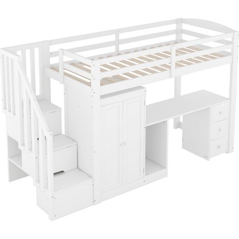 Mezzaninebett 90 x 200 cm mit Schreibtisch, Kleiderschrank, Schubladen und weißer Treppe (1/5)