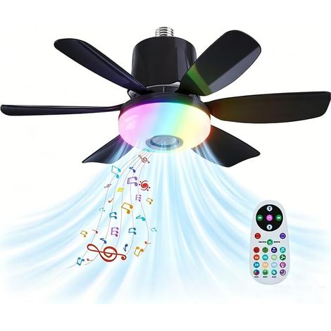 Ventilador de techo con luz integrada, LED con luz RGB regulable, casquillo E27, mando a distancia y altavoz Bluetooth, 3 velocidades, temporizador de 3 posiciones. (1/5)