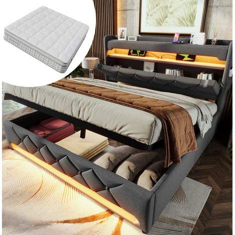 Cama tapizada moderna 180x200 cm gris lino con cabecero con almacenaje USB/USB-C, LED 360°, arcón hidráulico y colchón