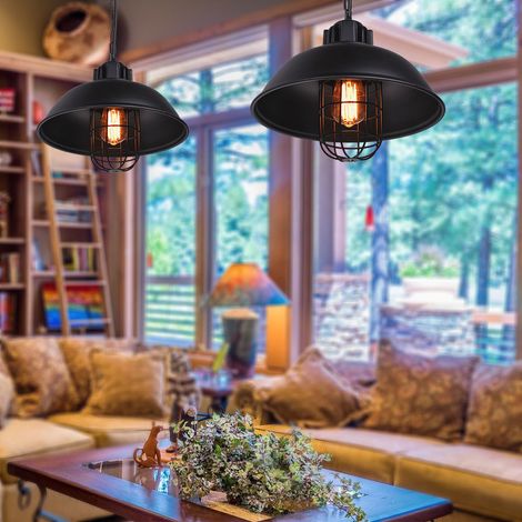 Rétro Vintage Lustre Suspension Industrielle E27 33cm Plafonnier Abat-jour en Métal Luminaire Noir 2PCS (1/5)