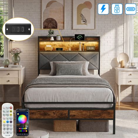 Lit 90x200 cm avec Sommier en Métal - avec LED et USB Tpye C - Tête de Lit Rembourrée avec Rangement sous Le Lit - 1 Personne - Noir (1/5)