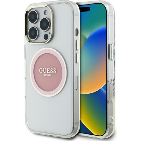 Custodia Guess IML con cerchio in metallo colorato e logo classico MagSafe per iPhone 16 Pro Max, colore rosa (1/5)