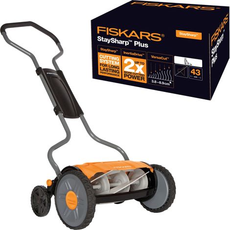 Tondeuse à gazon manuelle, Tondeuse à cylindre avec système de coupe sans frottement des lames, Largeur de coupe: 43 cm, Noir/Orange/Argenté, 1015649 (1/5)