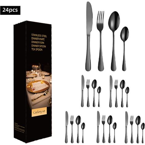 (Ensemble de 24 pièces - noir) Ensemble de couverts en acier inoxydable comprenant des couteaux, des fourchettes et des cuillères en acier inoxydable
