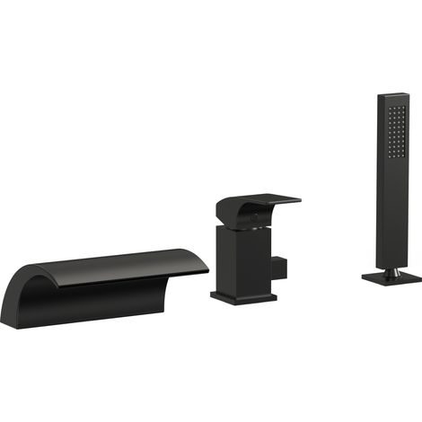EVERSTEIN Badewannenarmatur Schwarz Matt Wasserfall Wannenarmatur: Badewanne Wasserhahn Wannenrandarmatur mit Handbrause, Badarmatur Badewanne Set, Luxus Messing, Design Wasserfall-Auslauf Modern