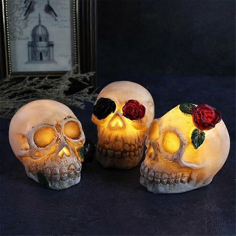3 piezas de decoración de calavera de Halloween con flores y rosas, decoración de escritorio con forma de calavera brillante para fiestas de Halloween, decoración para el hogar y exteriores, luz de ca (1/5)