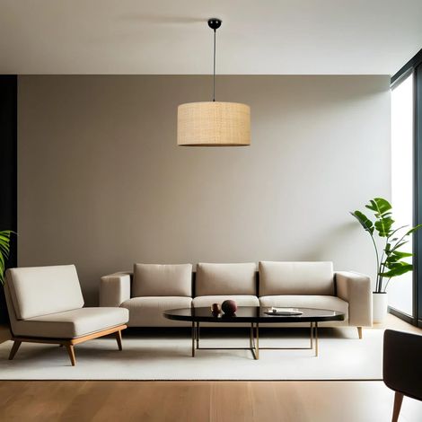 Lustre en métal avec capuchon en bambou, diamètre 45 cm, hauteur réglable, douille E27, doré/noir/beige, pour la décoration d'intérieur et l'éclairage moderne (1/5)