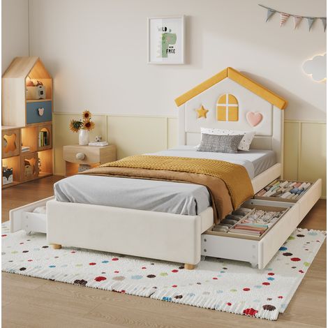 Cama infantil tipo casa (208.5x96x112.5 cm), con 4 cajones, tapizada, terciopelo, beige (1/5)