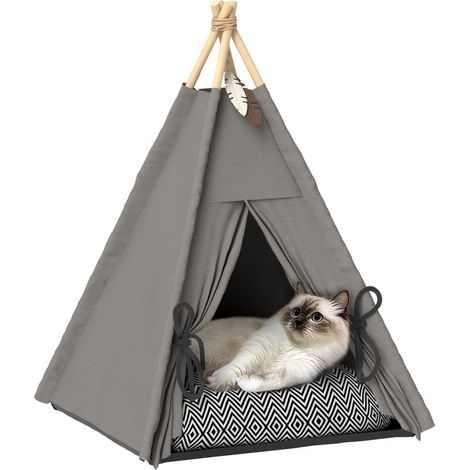 Tent tipi for animals of company, sleeping for animals in shape of tipi, tent for cat with cushion, sleeping for dog, sleeping for cat, gray (1/5)