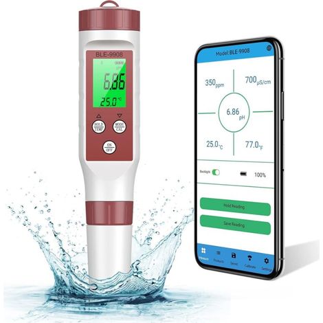4-in-1 Bluetooth pH Tester with TDS, EC, Temperature & Automatic Calibration, Ideal for Swimming Pools, Aquariums, and Drinking Water