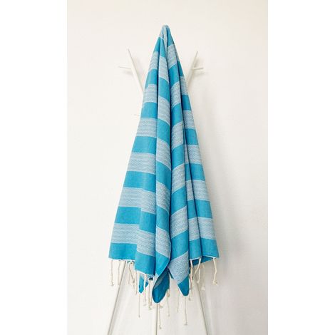 Fouta 100x200 turquoise rayures blanches - 100% coton - franges (1/2)