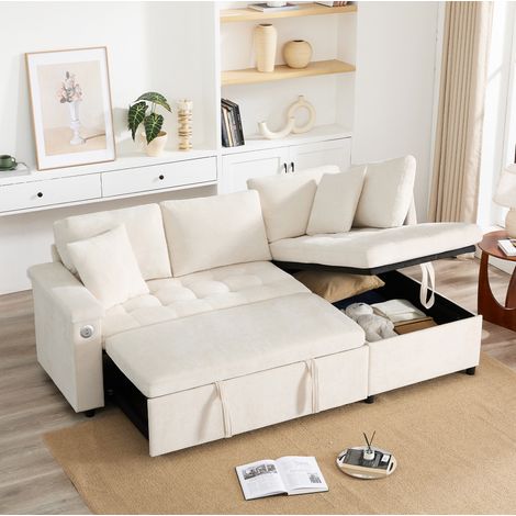 Eckschlafsofa 209x130x84 cm Beige Chenille mit Stauraum, USB-Anschluss und Ausziehfunktion (1/5)