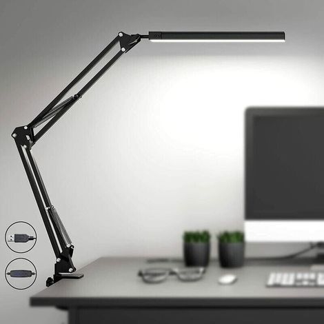 Powerful LED desk lamp with clip, 3 color modes, 10 brightness levels, 360° rotation, USB powered