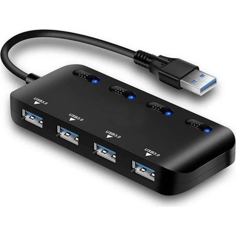 Hub USB 3.0 - Jes15680 - 4 Ports - Ultra Fin - Commutateurs d\'alimentation Individuels - Noir-Ywey (1/4)