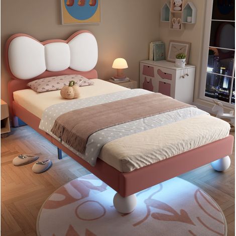 MEUBLIV cama 90x200 cm rosa – cabecero mariposa, LED bajo la cama, sin colchón (1/5)