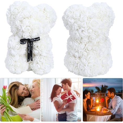 Saint-Valentin, Fête des Mères, roses séchées, nœud papillon ours, petit ours, roses blanches (1/5)