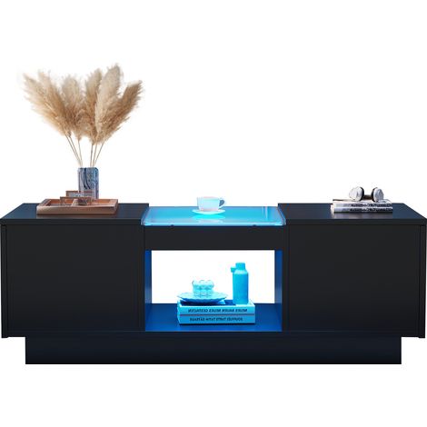 CHICFURN Mesa de centro negra 100 x 50 x 35,5 cm con vidrio, LED y app, 2 cajones y almacenaje (1/5)