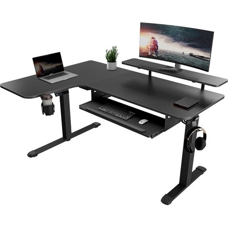 Bureau assis-debout électrique format L, grand bureau d'angle 155×110cm ergonomique. Hauteur ajustable, livré avec plateau clavier et support écran LED