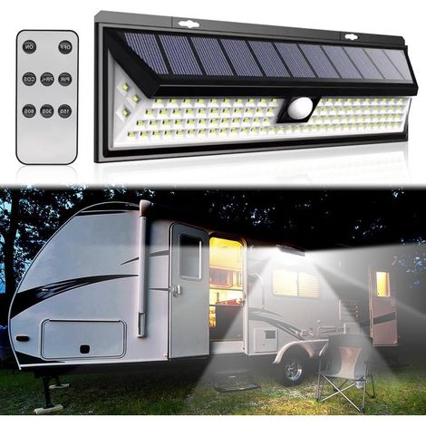 Lampe solaire pour camping-car - Détecteur de mouvement - 118 LED - Avec télécommande - étanche - Pour les voyages en camping-car, les remorques de voyage
