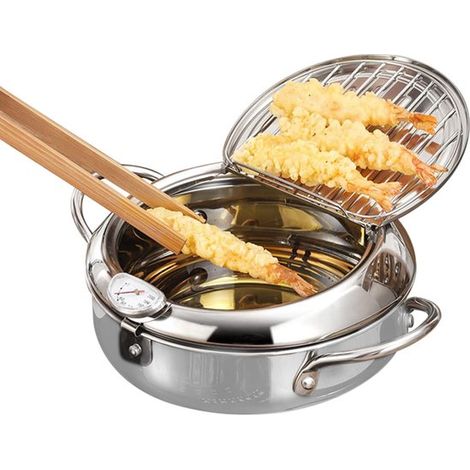 Friggitrice giapponese per tempura da 20 cm/79 pollici - Rivestimento antiaderente in acciaio inox - Controllo della temperatura - Pressione dell'olio - Pollo - Gamberi fritti (1/5)
