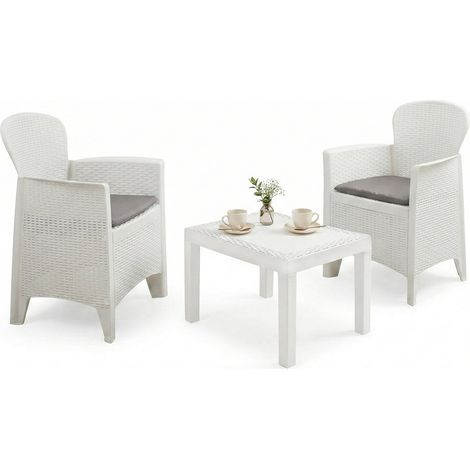 Dmora Outdoor-Lounge-Set Foggia, Gartengarnitur mit 2 Sesseln und 1 Couchtisch, Sitzecke in Rattan-Optik mit Kissen, 100 % Made in Italy, Weiß (1/3)