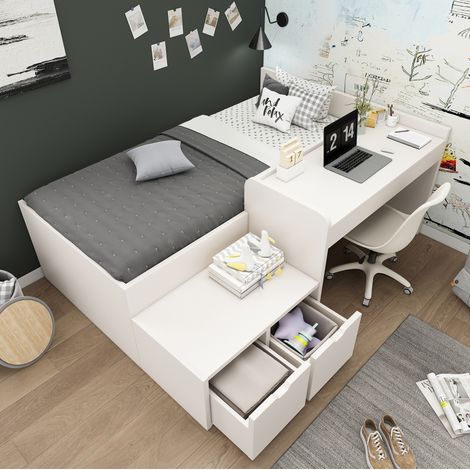Kinderbett 90x200 cm Weiß aus Massivholz und MDF mit Schreibtisch und Schubladen (1/5)