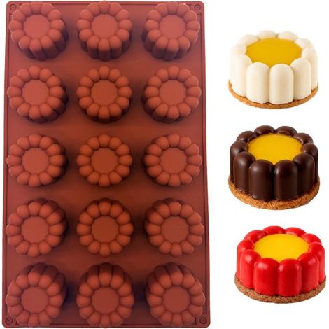 Stampo rotondo per cioccolato, a forma di fiore, con 15 fori, diametro 4,2 cm, stampo in silicone per torte, senza BPA, stampo cilindrico in silicone, utilizzabile per realizzare cioccolatini, torte e (1/2)