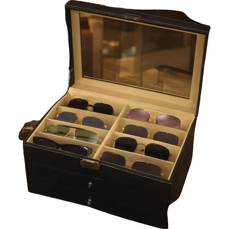 Vitrine à lunettes, 3 niveaux, 24 compartiments, doublure en velours, autoportante, dimensions 34x25x19cm (1/5)