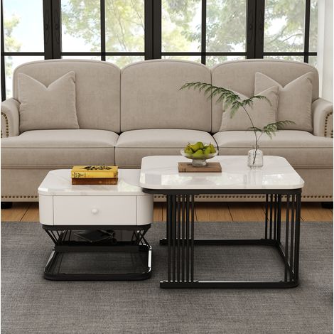 Set di 2 tavolini da salotto effetto marmo bianco e nero con cassetto HAVRYA (1/5)