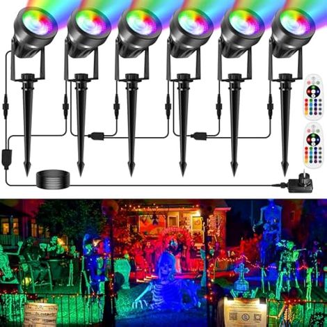 Spot LED Extérieur RGB, 16 Couleurs et 4 Modes Eclairage Exterieur RGB avec Télécommande, 12V Projecteur LED avec Adapter, IP65 Étanche Lampe pour Jardin, Chemin, Terrasse, Christmas 6 en 1 (1/5)