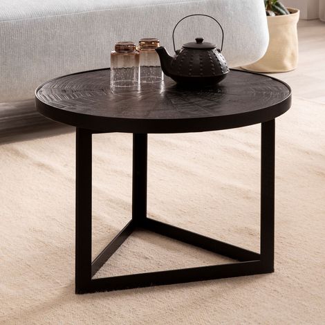 Table basse ronde 58x58x40 cm en manguier noir et piétement métal