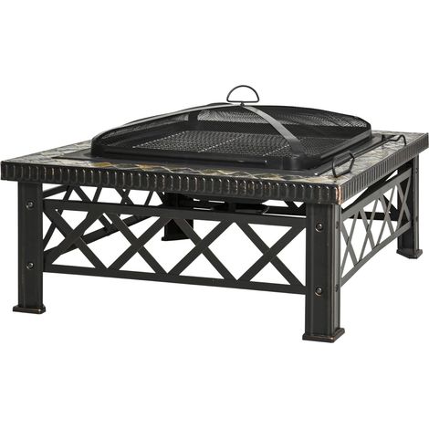 Brasero/Foyer extérieur 3 en 1 avec pare-étincelles, grille et seau à glace pour barbecue de jardin, noir, 76 x 76 x 47 cm