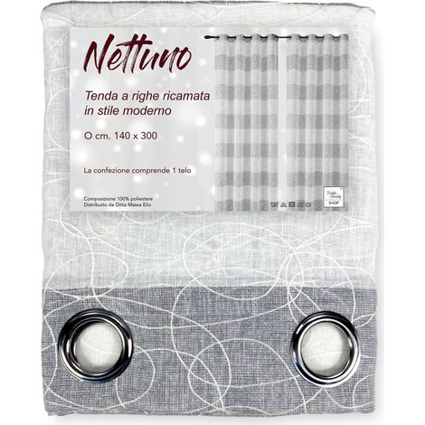 Nettuno Ricamata a Righe 140x300 cm Grigio con Lurex - Stile Moderno - Poliestere Semitrasparente con Anelli