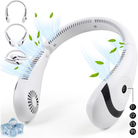 Ventilatore da collo portatile, batteria da 5000 mAh, velocità del vento regolabile su 3 livelli, flusso d'aria a 360°, alimentazione USB, pieghevole, senza pale, ricaricabile. (1/5)