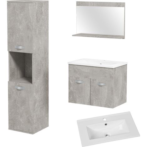 Ensemble salle de bain 4 pièces mural gris, avec miroir, meuble vasque, lavabo et colonne de rangement haute (1/5)