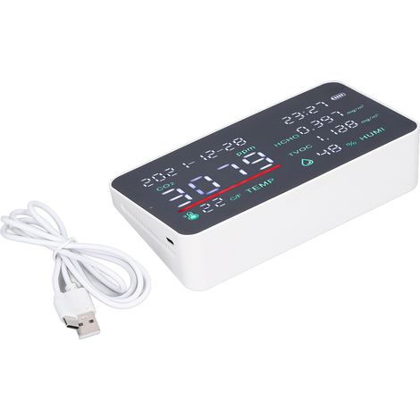 Luftqualitätsmonitor mit Halbleiter-USB-Ladefunktion, Innenraumtemperatur-, Luftfeuchtigkeits- und Kohlendioxid-Detektor, Weiß (1/5)