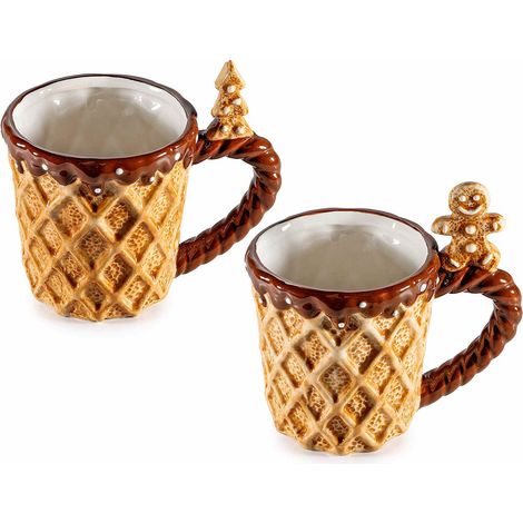 Tazze natalizie in ceramica effetto wafer / cioccolato e omino pan di zenzero e albero su manico, set da 2 pezzi, Ø 10 cm x 10 H