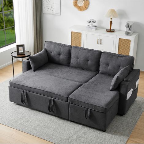 Canapé d'angle convertible 211x129,5x86 cm en tissu gris, avec rangement pour salon FloraGrace (1/5)